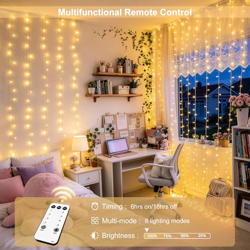 JMEXSUSS 600 LED Curtain Lights Outdoor, 9.5ft x 19.6ft Window Hanging Lights with Remote, Plug in, 8 Modes, Indoor String Lights for Bedroom, Wall, Xmas, Party, Backdrop, Wedding Decor, Warm White - color: *Warm White, size: 600 LED