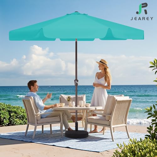 JEAREY 9 FT Patio Umbrella Outdoor, Table Umbrellas Market Umbrella w/Push Button Tilt/Crank, 8 Sturdy Ribs(Teal) - color: Teal