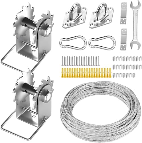 Shade Sail Hardware Kit Include Winches & Wire Rope, Anti-Rust Stainless Steel Sun Shade Hardware Kit for Rectangle Square Triangle Shade Sail Installation(71 PCS) - size: 6#-75PCS, style: Classic