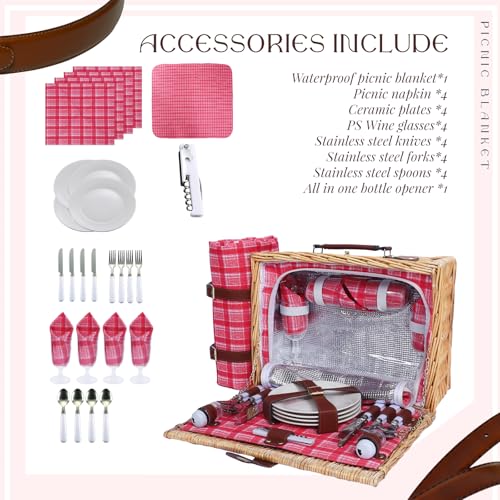 Picnic Baskets Wicker Willow Picnic Set for 4 Persons with Insulated Cooler Bag and Waterproof Pink Plaid Picnic Blanket Gift for Christmas Thanksgiving Wedding Birthday Camp Outdoor Beach Travel - color: Vintage Pink Red