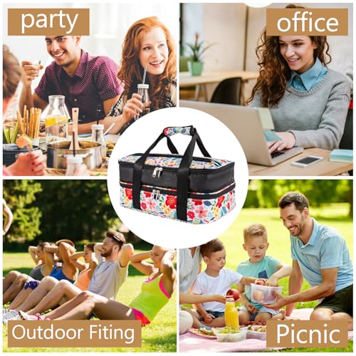 Double Decker Casserole Carrier Fits Pioneer Woman Kitchen Stuff & 9x13 Baking Dish, Expandable Lasagna Lugger Tote, Leakproof Thermal Food Warmer Bag for Potluck, Travel, Hot/Cold Food & Mom Gifts - color: Double Floral#2