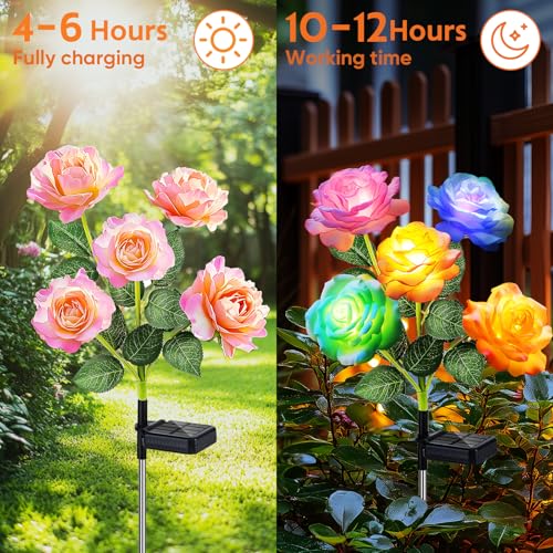 Solar Rose Lights Outdoor: 4 Pack IP65 Waterproof 7-Color Changing LED Flower Stakes for Garden Pathway Patio Lawn Decorative - Auto On Off 10H+ Lighting - size: 4 Pack