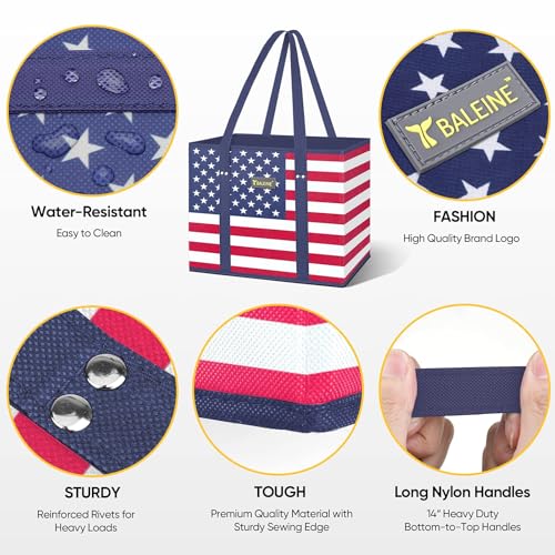 BALEINE 3Pk Reusable Grocery Bags, Foldable Shopping Bags for Groceries with Reinforced Bottom & Handles (Patriot Celebration) - color: Patriot Celebration, size: 3 Pack