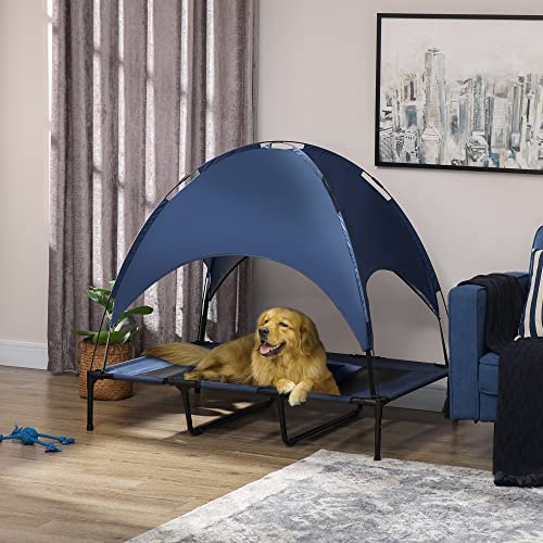 PawHut Elevated Dog Bed with Removable Canopy, Outdoor Dog Cot with UV Protection Canopy Shade, 48 inch Large Pet Bed for Camping, Dark Blue - color: Blue, size: 48 inch