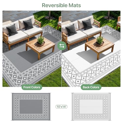 GENIMO Outdoor Rug Waterproof Area 10'x14' for Patio, Foldable Reversible Plastic Straw Carpet for Travel Trailers, Outside Mat for Rv, Deck, Picnic, Porch, Camper, Balcony, Beach, Grey & White - color: Grey & White | Natural, size: 10' x 14' (Rectangular