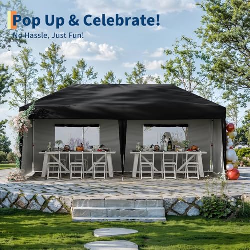 10x20 Pop Up Canopy with 4 Sidewalls, Beach Ten with One Push Setup, Heavy Duty Outdoor Instant Canopy Tent with Portable Roller Bag, Silver Coated Top, 3 Adjustable Height, Sandbags,Black - color: Black, size: 4 Sidewalls