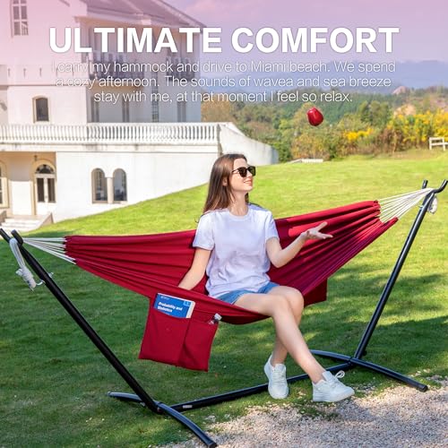 PNAEUT Double Hammocks with Stand for Outside, Portable Space Saving Heavy-Duty Steel Stand for Indoor Outdoor Patio with Carrying Bag, 450 lbs Capacity (Cherry) - color: Cherry
