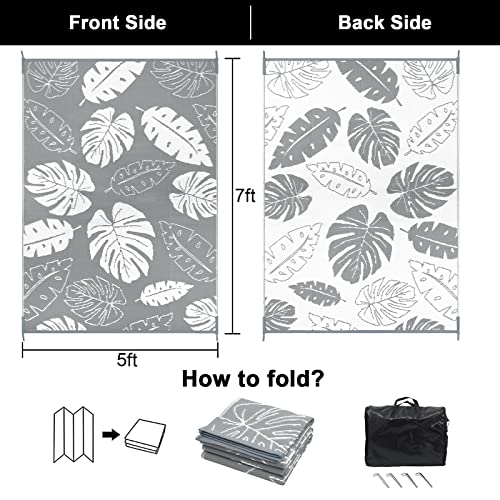 HEBE Outdoor Rug for Patios 5'x8' Clearance Waterproof Patio Mat Reversible RV Camping Rug Carpet Plastic Straw Rug Outside Floral Area Rug Doormat for Patios,Porch,RV,Balcony,Beach - color: Leaf / Grey, size: 5' x 8' (Rectangular)
