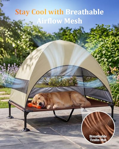 Elevated Outdoor Dog Bed with Canopy, Raised Dog Cot with Stable Adjustable Feet, Dog Camping Bed with Larger Shade, Lifted Dog Tent Bed with Canopy for Outside (Beige, X-Large) - color: Beige, size: X-Large