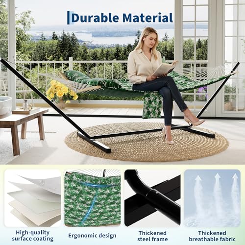 Garvee 2 Person Outdoor Hammock with Stand, Heavy Duty Portable Double Hammock with Balance Rope, MAX 450 LBS Capacity for Patio, Backyard, Garden, Beach - color: Green Banana Leaf Color, size: Sheep Horn Bracket