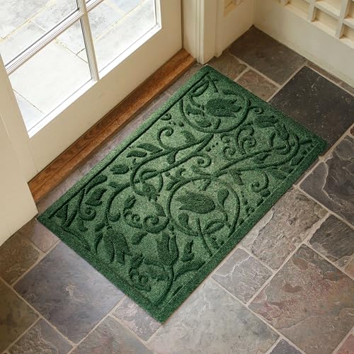 Boho Green Floral Leaves Outdoor Indoor Entrance Doormats, Absorbent Durable Heavy Duty Welcome Front Door Mat,Thick Natural Rubber Back,Easy Clean Entryway Mat 17x30 Inch, Low Profile - color: Tulip-green, size: 1'5" x 2'6" (Rectangular)