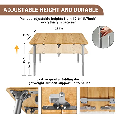 KingCamp Bamboo Folding Table Camping Table with Adjustable Height 4-Folds Compact Small Lightweight Portable Picnic Camp Table for Outdoor Backpacking Beach RV Travel Tailgating Barbecue, 1-2 People