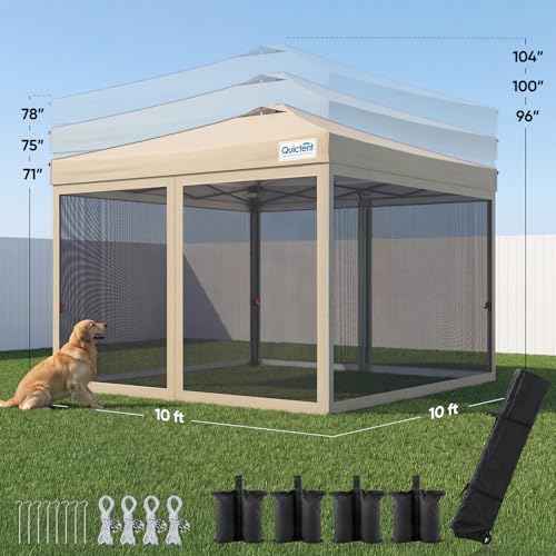 Quictent 10x10 Pop up Canopy Tent with Netting, Auto-Close Magnetic Doors, One Person Instant Setup Screen House Room Tent Screened Waterproof - color: Tan, size: 10'x10'