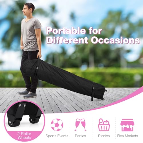 Tangkula 10x10 FT Pop Up Canopy, Instant Setup Outdoor Tent with Heavy-Duty Carbon Steel Frame, Wheeled Bag, 4 Sandbags, 8 Stake, 4 Ropes, Portable Canopy Tent for Parties Events Camping (Pink) - color: Pink