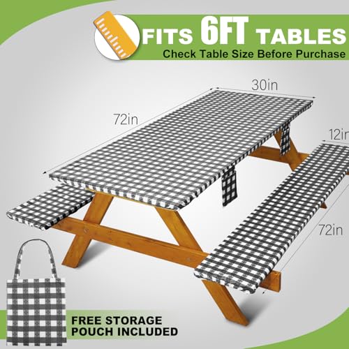 Fitted Picnic Table Cover with Bench Covers Waterproof Elastic Edges Rectangle Patio Tablecloth Outdoor Camping Essentials Stuff Rv Accessories Summer Trip Travel Supplies Party Camper Gifts, 6 ft - color: Black White Grid, size: 72in