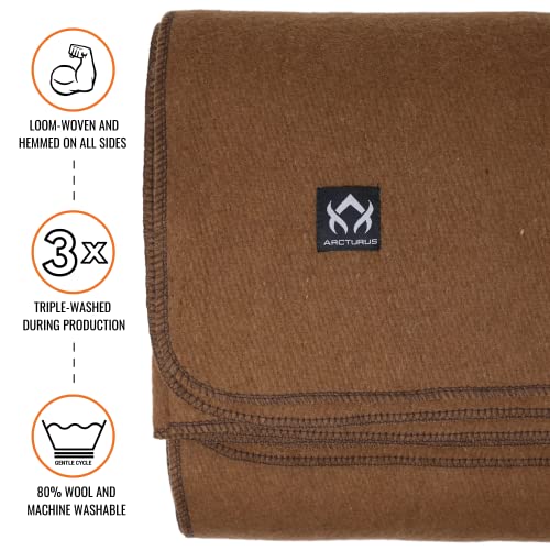 Arcturus Military Wool Blanket - Warm, Thick, Washable - Great for Outdoors, Camping, Stadium Blanket, Picnics, Travel - Car & Bushcraft Survival Kits - color: Camel