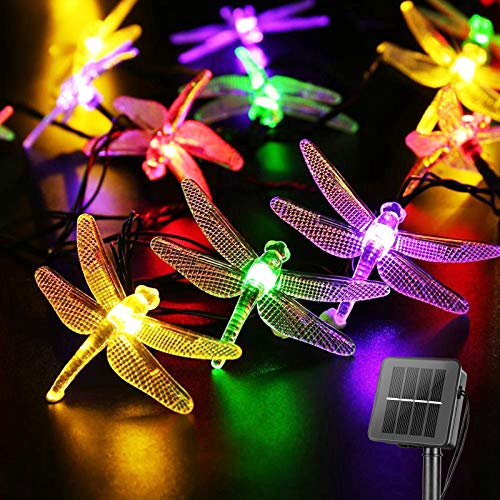 Dragonfly Solar String Lights Outdoor 25.6FT 30 LED Waterproof Solar Powered Fairy Lights, 8 Modes Decorative Lights for Patio Garden Yard Fence Wedding Christmas Party, Multicolor - style: Dragonfly