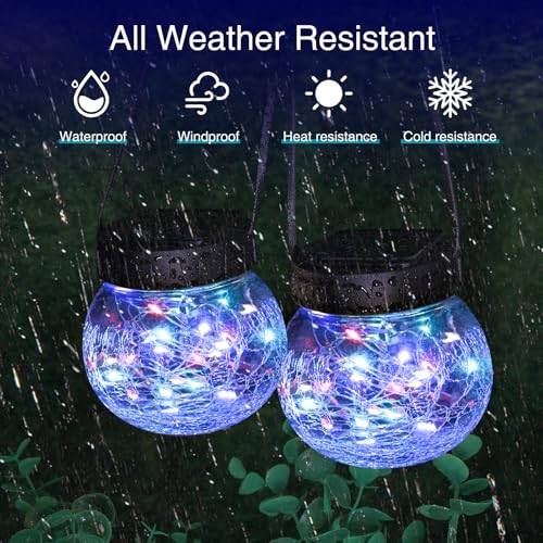 kolpop 2 Pack Solar Lantern Outdoor Lights, Multi-Coloured Solars Lanterns with 30 LED, Crackle Glass Ball Waterproof Hanging Solar Lights for Garden Decor Patio Fence Yard Christmas Tree Decoration - color: Multicolor, size: 2 Pack
