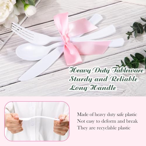 Minatee 25 Sets White Plastic Cutlery Set with Twist Tie Bows, Heavy Duty Tableware Disposable Forks Knives Spoons Silverware Utensils Set for Coquette Birthday Bow Party Table Setting Picnics - color: White,Pink