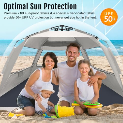 WhiteFang Deluxe Pop Up Beach Tent Sun Shade Shelter for 3-4/5-6 Person, UV Protection, Extendable Floor with 3 Ventilating Windows Plus Carrying Bag, Stakes, and Guy Lines - color: Baby's Breath, size: X-Large