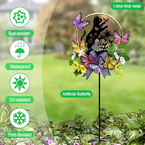 Cat Solar Lights Outdoor Garden,Silhouette Cat with Butterflies Waterproof Garden Stake for Yard, Lawn,Best Gifts for Women - color: Black Cat