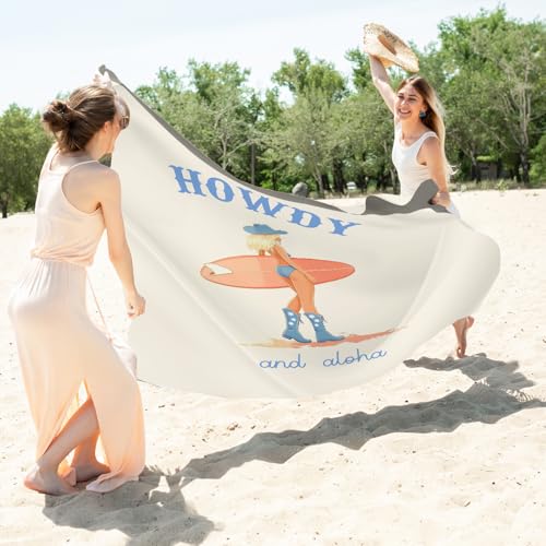 Trendy Coastal Howdy Surf Pocket Picnic Blankets, Cowgirl Mini Beach Camping Blanket Waterproof Sandproof for Surfer Girl,Preppy RV Outdoor Picnic Blanket Mat Gifts for Campsite Dorm 55x60in - color: Surf