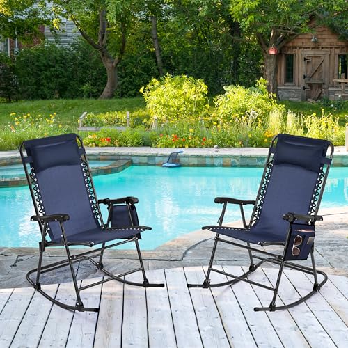 Yaheetech 26in Rocking Chair Outdoor Zero Gravity Folding Chairs Rocking Chairs Foldable Outdoor Lounge Chair for Outside Lawn with Cupholder/Pillow Ergonomic Design for Rest, Navy Blue, Set of 2 - color: Navy Blue, size: 2 Pcs