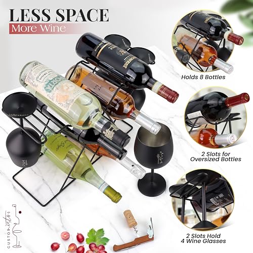 Gusto Nostro Small Wine Racks Countertop Storage for 8 Bottles & 4 Glasses - Countertop Wine Rack with Glass Holder, Modern Tabletop Black Wine Rack, Wine Holder Stand for Kitchen Cabinet Wine Cellar - color: Black, size: 8 Bottles