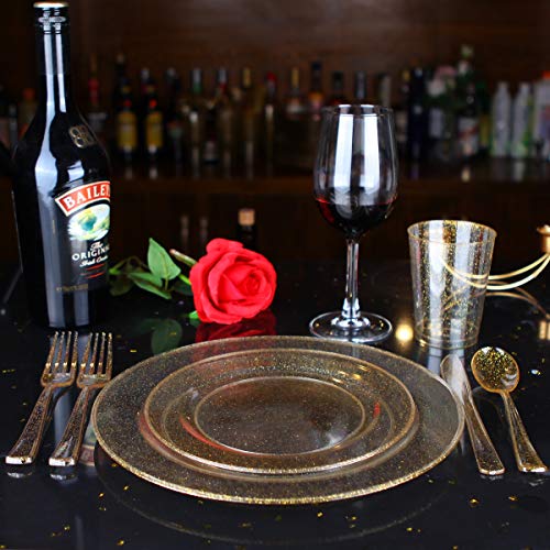 WELLIFE 175 Pieces Gold Glitter Plastic Plates with Silverware and Cups, Includes: 50 Plates, 50 Forks, 25 Knives,25 Spoons and 25 Cups for Party - color: Gold Glitter(175pcs), size: 25 Guests