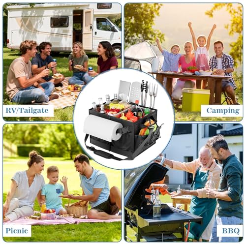 Lorbro Grill Caddy, BBQ Caddy with Paper Towel Holder, Utensil Caddy with Condiment Pocket, Collapsible Picnic Basket Camping Gear Must Haves for Outdoor, Gift, Grilling Tool, Barbecue, RV, Black - style: Black