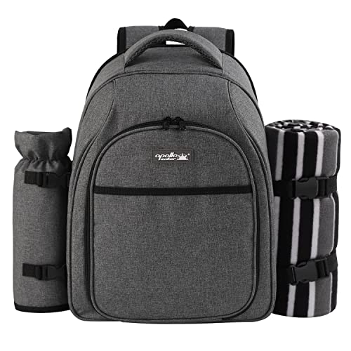 apollo walker Picnic Backpack Bag for 2 Person with Cooler Compartment, Detachable Bottle/Wine Holder, Fleece Blanket, Plates and Cutlery Set (2Person,Grey) - color: Grey1, size: 2 Person
