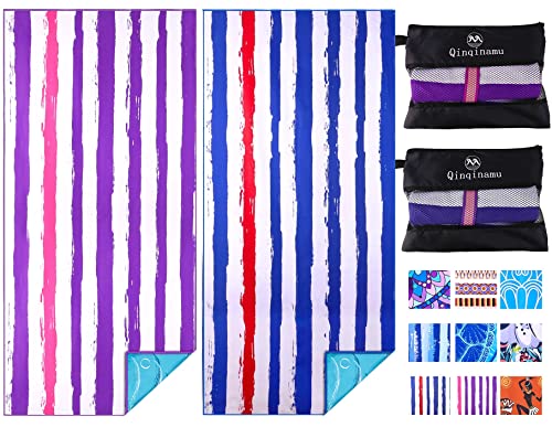 2 Pack Microfiber Oversized Lightweight Beach Towel 71"x32" XL Extra Large Thin Sand Free Towels Travel Swim Pool Yoga Gym Camping for Adults Women Men Beach Essentials Accessories Vacation Gift - color: 2 Pack Stripes