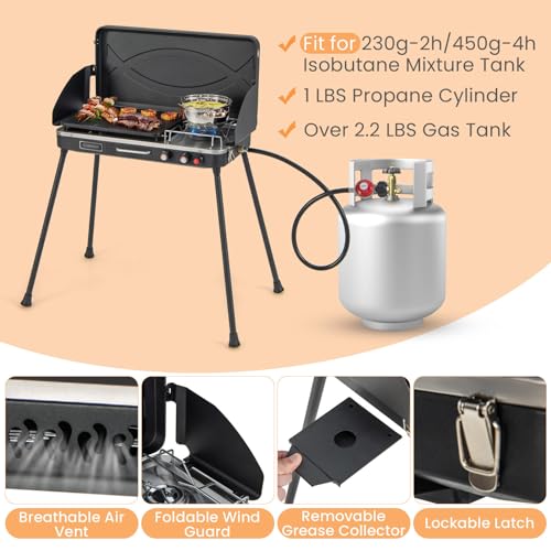 HAPPYGRILL Portable Camping Stove, 2-Burner Propane Grill Cooker with Removable Leg Stand, Roast Grill, Dual Control Knobs, Wind Guards, Outdoor Gas Grill for Camping BBQ Picnic (Black) - color: Black