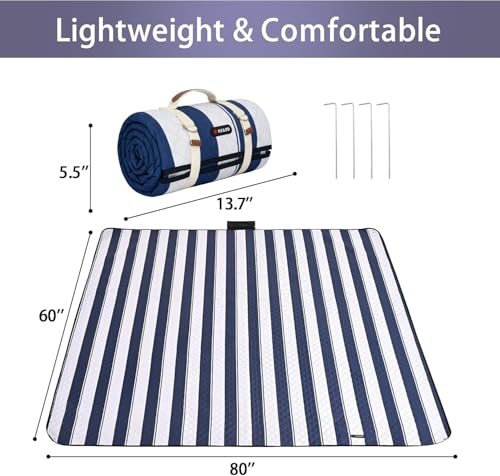 HX&OD Outdoor Picnic Blanket Extra Large, 80''*60'' Waterproof Picnic Mat with Stakes Foldable Camping Blanket Portable with Carry Strap for Beach Mat (Green& White, 80''*60'') - color: Blue& White, size: 5' x 6'8" (Rectangular)