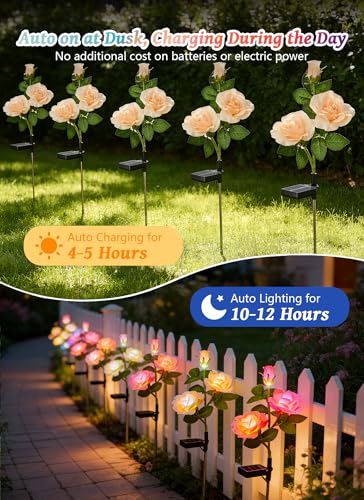 Brightown Outdoor Solar Flower Lights, 4 Pack 7-Color Changing Solar Garden Lights with Larger & More Realistic Rose, Bigger Solar Panel, Waterproof Solar Lights for Yard Garden Lawn Pathway Decor - color: 7 Color Rose
