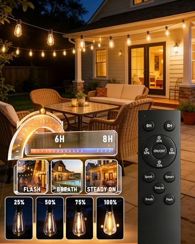 TW SHINE 100 FT Solar String Lights Outdoor, 31+2 LED Waterproof Shatterproof Bulbs with Remote Dimmable Timer, 3 Lighting Modes Patio Light for Garden Yard Wedding Party Holiday Decoration