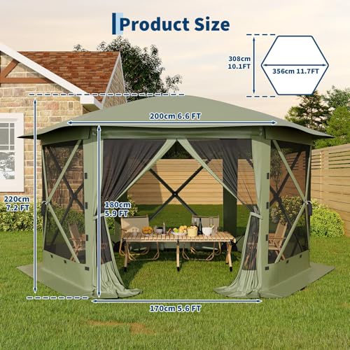 GarveeLife 11.5x11.5FT 6-Sided Pop Up Gazebo Tent，One-Push Setup Canopy Tent with Mesh Panels & Removable Wind Cloths, Outdoor shelter for Camping, Backyard Parties, Outdoor Events - Army Green - color: Army Green, size: Removable Top - 11.5ft