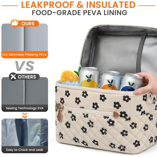 Tenot Insulated Lunch Box for Women Reusable, Leak Proof Cooler Lunch Bag Women for Work Stylish Quilted Lunch Tote Bag for Adult Picnic Travel Hiking Corduroy Black Flower - color: Corduroy Black Flower