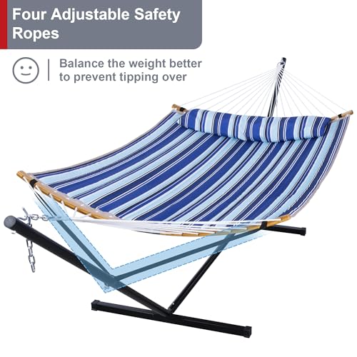12 Ft Hammock with Stand for Outside, 2 Person Hammock Freestanding with Curved Spreader Bars, Pillow and Portable Bag, Heavy Duty 450 Lbs, Blue Stripes - color: A-blue Stripes