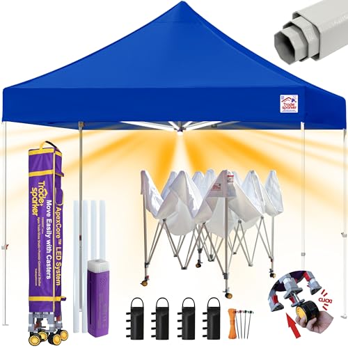 Tradesparker 10x10 Pop Up Canopy Tent,Commercial Movable Canopy with ApexCore LED&Rugged Casters-Instant Easy Setup Shelter Canopies with Weight Bags&Stakes for Outdoor Events Markets Vendors,Blue - color: Blue, size: 10x10