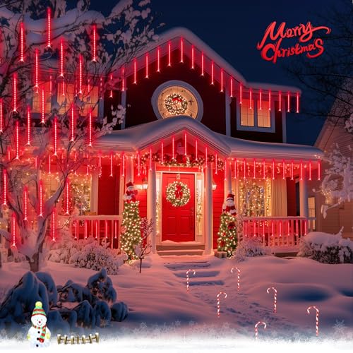 JMEXSUSS Red Solar Christmas Lights Outdoor, 8 Tube 144 LEDs Solar Meteor Shower Rain Lights, Red Twinkle Light for Tree Eaves Fence Christmas Decorations - color: Red, size: 1*144LED