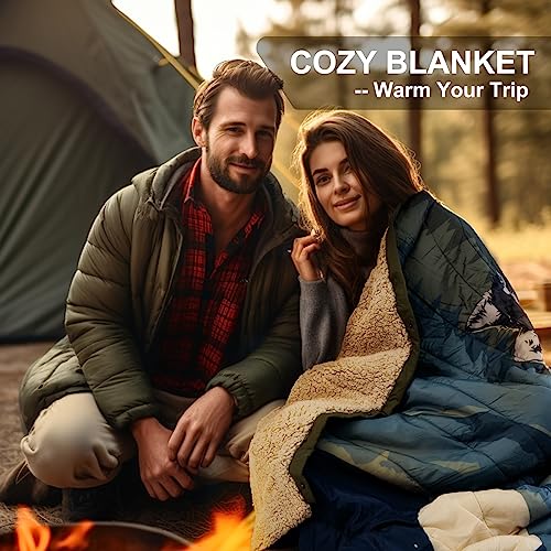 Outdoor Camping Blanket with Sherpa Lining, Extra Warm Thick Camp Blankets and Puffy Ultralight Soft Poncho DWR Camping Quilt for Cold Weather, Adventure, Sleeping, Backpacking 78"x 56" - color: Dark Blue, size: 78 x 56 inches