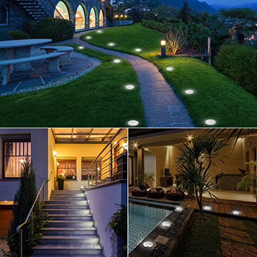 LYHOPE Solar Ground Lights Outdoor, 8 Pack 8 LED Solar Disk Lights Waterproof Garden In-ground Pathway Light Landscape Lighting for Lawn,Yard,Deck,Patio,Walkway (White) - color: White, size: 8 Pack
