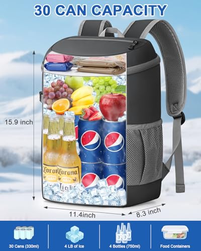 Pritent Cooler Backpack for Men Women Insulated Waterproof Backpack Cooler Leak Proof Cooler Bag Lightweight Lunch Backpack for Camping Beach Travel Picnic - color: Leather Dark Gray, size: 30 Cans