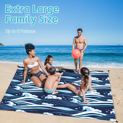 Beach Blanket Waterproof Sandproof Oversized Extra 110" * 118"/ 9 * 10 Ft Sand Free Beach Mat with Stakes, Storage Bag - Essentials for Outdoor Beach, Picnic,Quick Drying Durable - color: Sea Wave, size: 9x10 FT (1～8 Person)