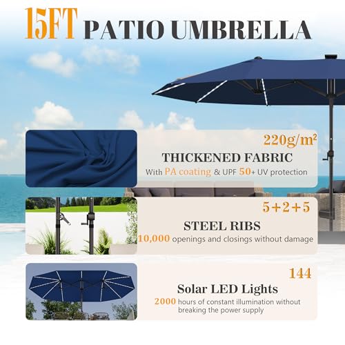 GDPFN 15ft Rectangular Patio Umbrella with Solar LED Lights, Double-Sided Outdoor Market Umbrella Extra Large Shade for Pool, Deck, Backyard, Garden, Navy Blue (Base Not Include) - color: Navy Blue, size: With Led