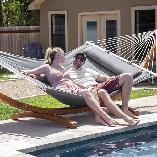 SUNCREAT Double Hammocks Standing Backyard Hammock with Stand, 2 Person Heavy Duty Hammock with 13.5 ft Wooden Stand, Light Gray - color: Light Gray
