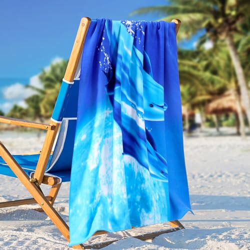 Genovega Oversized Terry Beach Towel 36 x 72 in Soft Extra Large Big Pool Swim Towels for Adults XL Clearance Big Travel Blanket Cruise Vacation Accessories Essentials Lounge Chair Cover Dolphin Sea - color: Blue Dolphin Sea Terry