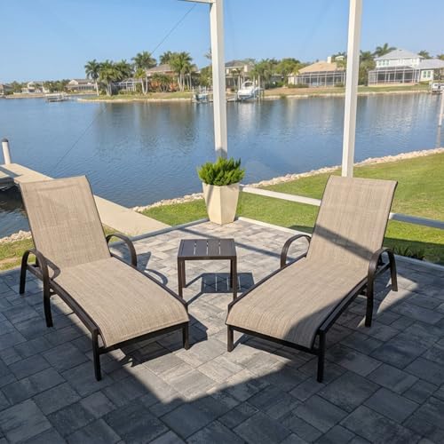 PURPLE LEAF Outdoor Chaise Lounge Chair Set of 3 Patio Pool Lounger Aluminum Chairs with Side Table Adjustable Tanning Recliner for Outside Yard Deck Lawn Garden Beach Khaki - color: Khaki, size: 2 Chairs & 1 Table