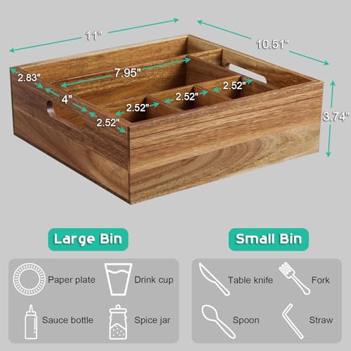 ALELION Acacia Wood Utensil Holder for Party - Paper Plate Organizer for Countertop - Silverware Caddy with 6 Compartments for Plate, Cup, Fork, Spoon - Cutlery Holder for Kitchen Camping Buffet - style: Acacia Wood